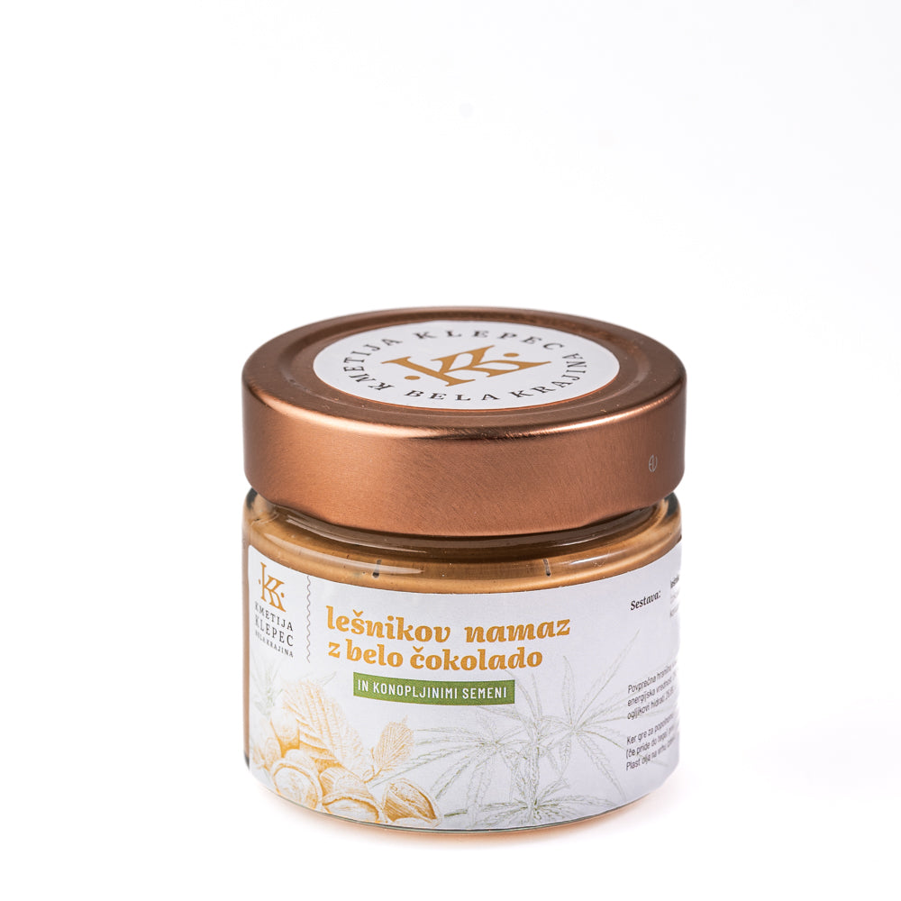 Lešnikov namaz z belo čokolado in konopljinimi semeni